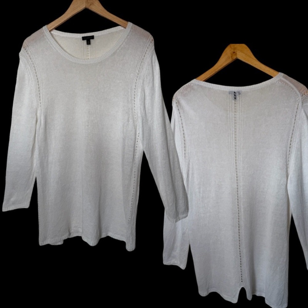 Talbots White 100% Linen Open Stitch Sweater XL 3/4 Sleeve Crochet Pointelle Top